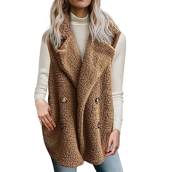 Jackets & Blazers - ONE LEFT M! Sherpa Camel Double Breasted Vest Coat